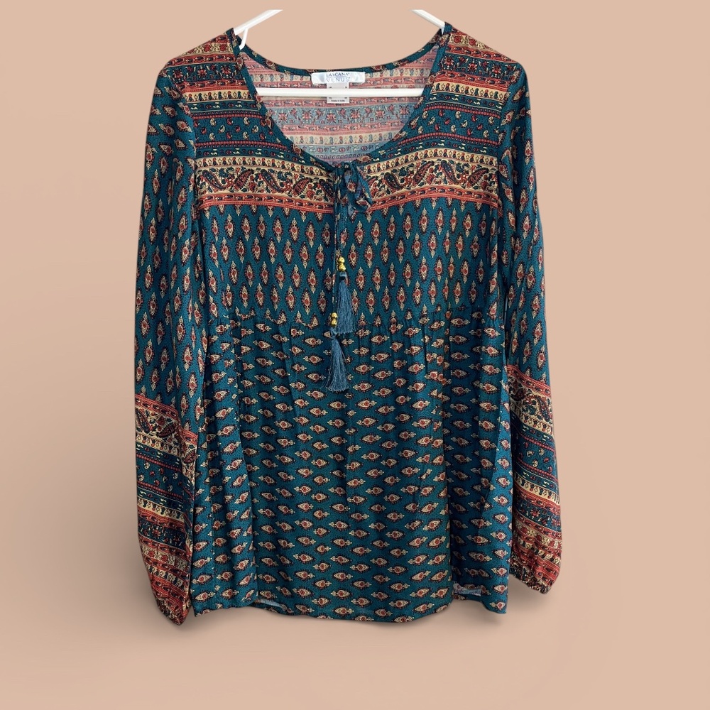Lascana for Venus Teal Rust Boho Flowy Long Sleeve Top Sz S